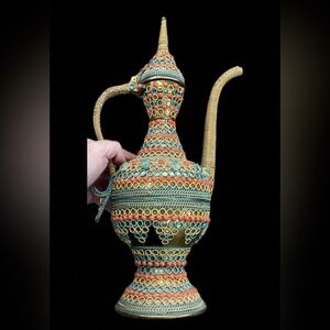 Vintage Ornate Brass 16" Vessel with Scarab Faux Coral Wrapped Gold Tone Chain